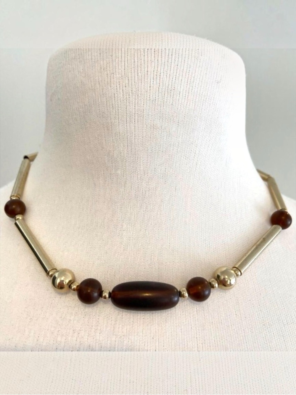 Sarah Coventry Vintage Gold-Tone Necklace With Brown Beads & Tubular Links 1970s